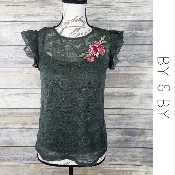 by & by Tops - BY & BY Lace Embroidered Flutter Sleeve Top Small